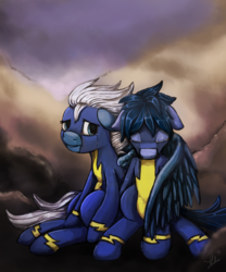 Size: 749x900 | Tagged: safe, artist:xenstroke, night glider, oc, oc:starlight nova, g4, cloud, cloudy, crying, sad, wonderbolts uniform