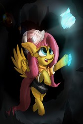 Size: 853x1280 | Tagged: safe, artist:frisky, fluttershy, pegasus, pony, g4, cave, darkness, diamonds, female, flashlight (object), headlamp, helmet, improvisation, poking, solo, unshorn fetlocks, wings