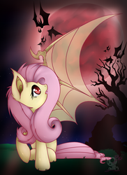 Size: 1700x2338 | Tagged: safe, artist:bloody-pink, fluttershy, bat, g4, blood moon, female, flutterbat, moon, solo