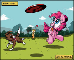 Size: 1608x1312 | Tagged: safe, artist:php104, applejack, pinkie pie, winona, dog, earth pony, pony, g4, behaving like a dog, bush, cloud, cloudy, collar, comic, cowboy hat, eyes on the prize, female, frisbee, grass, hat, mare, puppy pie, question mark, spanish, stetson, tail wag, tongue out, translation, translator:the-luna-fan, tree