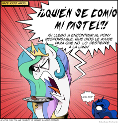 Size: 995x1050 | Tagged: safe, artist:php104, princess celestia, princess luna, pony, g4, 1000 ways to get banished, angry, cake, cakelestia, comic, gritted teeth, messy mane, monochrome, nervous, open mouth, rage, sharp teeth, spanish, sweat, this will end in tears, thought bubble, translation, translator:the-luna-fan, wide eyes, yelling