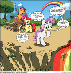 Size: 1024x1050 | Tagged: safe, artist:php104, apple bloom, scootaloo, sweetie belle, pegasus, pony, unicorn, g4, rainbow falls, barrel, comic, cutie mark crusaders, female, filly, grin, i can't believe it's not idw, mouth hold, paint, paintbrush, question mark, raised eyebrow, smiling, spanish, this will end in tears, this will end in tears and/or death, this will end in tears and/or death and/or covered in tree sap, translation, translator:the-luna-fan, tree sap and pine needles, waterfall, woody woodpecker