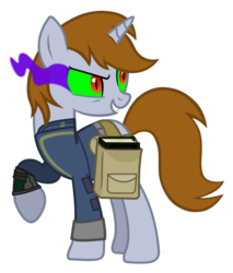 Size: 825x968 | Tagged: safe, artist:aborrozakale, oc, oc only, oc:littlepip, pony, unicorn, fallout equestria, g4, black book, clothes, dark magic, fanfic, fanfic art, female, jumpsuit, magic, mare, pipbuck, possessed, saddle bag, simple background, solo, sombra eyes, transparent background, vault suit, xk-class end-of-the-world scenario