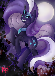 Size: 1700x2338 | Tagged: safe, artist:bloody-pink, nightmare rarity, pony, unicorn, g4, evil smile, female, grin, jewelry, mare, moon, rearing, regalia, smiling, solo