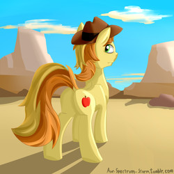 Size: 2000x2000 | Tagged: safe, artist:sparklyon3, braeburn, earth pony, pony, rcf community, g4, braebutt, butt, dock, featureless crotch, high res, male, mesa, missing accessory, plot, solo, stallion