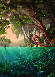 Size: 1050x1454 | Tagged: safe, artist:equum_amici, artist:yakovlev-vad, angel bunny, fluttershy, lyra heartstrings, bird, fish, pegasus, pony, sea pony, g4, animated, apple, bird house, breeze, cinemagraph, female, forest, mare, scenery, scenery porn, seapony lyra, seaweed, tree, underwater, water