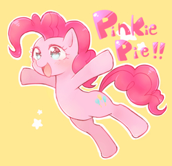 Size: 1559x1502 | Tagged: safe, artist:merryyy87, pinkie pie, earth pony, pony, g4, blushing, cute, diapinkes, female, mare, open mouth, pixiv, simple background, solo, stars, yellow background