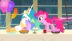 Size: 1366x768 | Tagged: safe, screencap, pinkie pie, princess celestia, alicorn, earth pony, pony, a bird in the hoof, g4, balloon, cake, cupcake, duo, duo female, eating, eyes closed, female, food, mare, open mouth, pie, sandwich, smiling