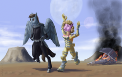 Size: 1112x700 | Tagged: safe, artist:adeptus-monitus, oc, oc only, oc:cypher, oc:puppysmiles, pegasus, anthro, fallout equestria, fallout equestria: pink eyes, crash, crossover, dead space, desert, moon, spaceship, star wars, wreck