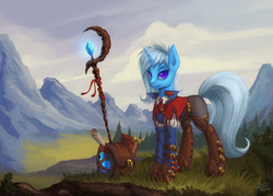 Size: 1920x1372 | Tagged: safe, artist:asimos, trixie, pony, unicorn, g4, alternate hairstyle, backpack, book, clothes, fantasy class, featured image, female, forest, glowing, grass, looking at you, mare, mountain, outdoors, potion, scenery, scroll, smiling, solo, staff, wizard