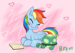 Size: 2087x1481 | Tagged: safe, artist:potzm, rainbow dash, tank, pegasus, pony, g4, tanks for the memories, blushing, book, clothes, cute, dashabetes, dashie slippers, eyes closed, female, heart, mare, sleeping, smiling