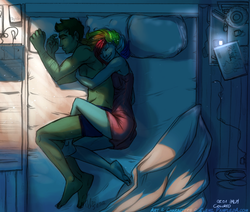 Size: 659x560 | Tagged: safe, artist:asadama, artist:pample, color edit, rainbow dash, oc, oc:anon, human, g4, anon with a face, bed, colored, cuddling, duo, female, hug, humanized, male, snuggling, spooning, straight