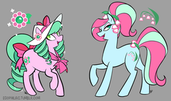 Size: 900x533 | Tagged: safe, artist:egophiliac, may belle, may lily of the valley (g3), pony, g3, g4, birthflower ponies, bow, flower, g3 to g4, generation leap, hair bow, hat, jewel birthday ponies, tail bow