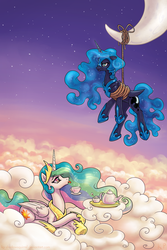 Size: 1333x2000 | Tagged: safe, artist:kp-shadowsquirrel, nightmare moon, princess celestia, princess luna, alicorn, pony, g4, :p, banishment, cloud, cloudy, crescent moon, cute, duo, female, floppy ears, frown, levitation, magic, moon, nightmare luna, prone, rope, sibling teasing, sisters, sky, smiling, stars, suspended, tangible heavenly object, tea, teacup, teapot, teasing, telekinesis, tied up, tongue out, transparent moon, trollestia, unamused