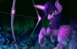 Size: 1600x1035 | Tagged: safe, artist:xormak, twilight sparkle, g4, alternate hairstyle, arrow, badass, battle stance, bow (weapon), bow and arrow, cutie mark, dock, eyes on the prize, female, forest, glowing, glowing horn, horn, magic, prancing, solo, underhoof