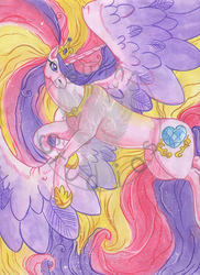 Size: 654x900 | Tagged: safe, artist:thecrochetdragon, princess cadance, alicorn, pony, g4, female, flying, mare, solo, traditional art, watermark