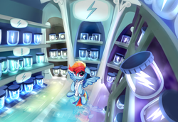 Size: 1534x1057 | Tagged: safe, artist:scootiebloom, rainbow dash, pegasus, pony, g4, tanks for the memories, bottled lightning, clothes, cloud seeds, cloudsdale, dutch angle, female, floppy ears, imminent disaster, jar, looking up, reflection, scene interpretation, sitting, solo, weather factory, weather factory uniform