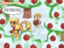 Size: 950x713 | Tagged: safe, artist:lumineko, applejack, bird, duck, earth pony, pony, g4, animal crossing, animal crossing: new leaf, apple, apple tree, braid, clothes, crossover, duo, duo female, explicit source, female, mare, patreon, scarf, snow, tree