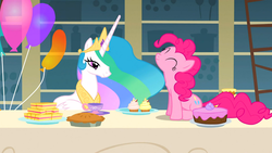 Size: 1366x768 | Tagged: safe, screencap, pinkie pie, princess celestia, alicorn, earth pony, pony, a bird in the hoof, g4, balloon, cake, cupcake, duo, duo female, eating, female, food, pie, sandwich, smiling, swallowing, throat bulge