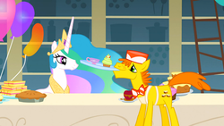 Size: 1366x768 | Tagged: safe, screencap, carrot cake, princess celestia, alicorn, earth pony, pony, a bird in the hoof, g4, apple, balloon, cake, cup, cupcake, duo, duo male and female, female, food, frown, ladder, male, mare, mouth hold, pie, sandwich, stallion, teacup