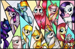 Size: 1205x779 | Tagged: safe, artist:ponygoddess, apple bloom, applejack, derpy hooves, fluttershy, pinkie pie, princess cadance, princess celestia, princess luna, rainbow dash, rarity, scootaloo, sweetie belle, twilight sparkle, oc, oc:fluffle puff, alicorn, pony, g4, cutie mark crusaders, female, mane six, mare, twilight sparkle (alicorn)