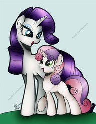 Size: 1024x1325 | Tagged: safe, artist:ponygoddess, rarity, sweetie belle, g4, :d, black outlines, duo, eyes open, female, full body, happy, looking at each other, looking at someone, open mouth, open smile, raised hoof, siblings, side by side, side view, sisters, smiling