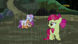 Size: 1280x720 | Tagged: safe, screencap, apple bloom, scootaloo, sweetie belle, earth pony, pegasus, pony, unicorn, appleoosa's most wanted, g4, apple bloom's bow, bow, cute, cutealoo, cutie mark crusaders, diasweetes, discovery family, discovery family logo, female, filly, hair bow, looking at each other, looking back, open mouth, out of context, ponies riding ponies, rain, raised hoof, riding, sweetie belle riding scootaloo, trio, trio female, wet mane, wet mane apple bloom, wet mane scootaloo, wet mane sweetie belle, youtube link