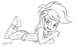 Size: 1024x643 | Tagged: safe, artist:silverwing, lyra heartstrings, human, equestria girls, g4, ass, breasts, butt, cleavage, clothes, cute, dimples of venus, feet, female, headband, jeans, legs, lineart, looking at you, lyrabetes, monochrome, prone, sketch, smiling, smiling at you, socks