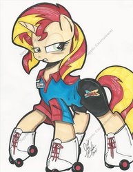 Size: 1024x1325 | Tagged: safe, artist:ponygoddess, sunset shimmer, pony, unicorn, g4, fast food, female, roller skates, solo, sonic drive-in, traditional art