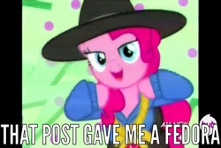 Size: 960x640 | Tagged: safe, screencap, pinkie pie, g4, testing testing 1-2-3, fedora, female, hat, image macro, meme, rapper pie, solo