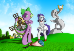 Size: 1022x705 | Tagged: safe, artist:akaonic, rarity, spike, anthro, unguligrade anthro, g4, angry, bouquet, clock, female, fire ruby, male, older, older spike, ship:sparity, shipping, straight