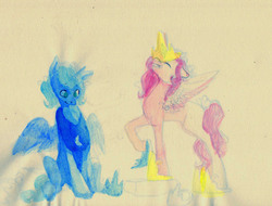 Size: 1919x1457 | Tagged: safe, artist:wolfiedrawie, princess celestia, princess luna, g4, filly, pink-mane celestia, sisters, traditional art, younger