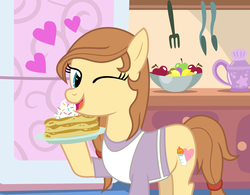 Size: 1847x1437 | Tagged: safe, artist:ryan1942, oc, oc only, oc:cream heart, earth pony, pony, g4, apron, clothes, earth pony oc, female, heart, kitchen, mare, mother's day, pancakes, trisha elric, wink