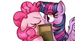 Size: 500x273 | Tagged: safe, artist:lucy-tan, pinkie pie, twilight sparkle, alicorn, pony, g4, blushing, book, covering, cute, eyes closed, female, implied kissing, kiss on the lips, kissing, lesbian, mare, ship:twinkie, shipping, simple background, transparent background, twilight sparkle (alicorn)