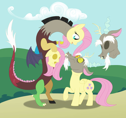 Size: 4000x3758 | Tagged: safe, artist:foxbeast, discord, fluttershy, g4, body swap, bodysuit, character to character, clothes, disguised as each other, head swap, mask, masking, ponysuit, wat