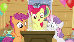 Size: 700x394 | Tagged: safe, screencap, apple bloom, scootaloo, sweetie belle, bloom & gloom, g4, animated, balloon rainbow dash, cute, cutie mark crusaders, diasweetes, female, frown, open mouth, rainbow dash poster, raised eyebrow, smiling, talking