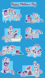Size: 700x1212 | Tagged: safe, artist:nukilik, ahuizotl, daring do, smarty pants, twilight sparkle, twilight velvet, g4, bath, chair, female, forced bathing, highchair, mother and child, mother and daughter, mother's day, mothers gonna mother, nukilik is trying to murder us, plushie, sick