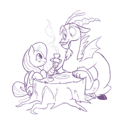 Size: 625x625 | Tagged: safe, artist:dinkelion, discord, fluttershy, draconequus, pegasus, pony, g4, cute, discute, eye contact, featured image, female, lineart, male, mare, monochrome, sitting, sketch, smiling, tea, tea party, teacup, tree stump
