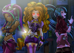 Size: 1600x1152 | Tagged: safe, artist:mauroz, adagio dazzle, aria blaze, sonata dusk, human, g4, ass, bedroom eyes, belly button, belly piercing, bellyring, breasts, busty adagio dazzle, busty aria blaze, butt, cleavage, clothes, corset, dark skin, female, fishnet stockings, glare, glowing eyes, humanized, lidded eyes, microphone, midriff, miniskirt, piercing, red eyes, skirt, socks, sonata donk, stockings, the dazzlings, thigh highs, unf, wide hips