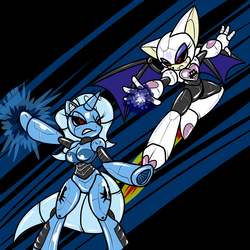 Size: 2000x2000 | Tagged: safe, artist:tinker-tock, trixie, robot, anthro, unguligrade anthro, g4, arm hooves, crossover, eggman empire of equestria, fight, high res, mecha, roboticization, rouge the bat, sonic the hedgehog (series)
