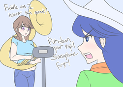 Size: 1280x905 | Tagged: safe, artist:jonfawkes, beauty brass, fiddlesticks, human, g4, apple family member, dialogue, humanized, musical instrument, scale, sousaphone