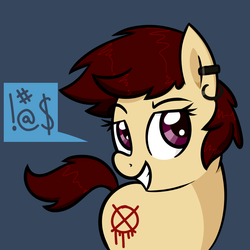 Size: 800x800 | Tagged: safe, artist:notenoughapples, oc, oc only, oc:vulgar, ask vulgar pony, grin, solo, speech bubble