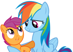 Size: 8000x5618 | Tagged: safe, artist:djdavid98, rainbow dash, scootaloo, pegasus, pony, g4, sleepless in ponyville, .ai available, absurd resolution, duo, female, filly, foal, folded wings, hug, looking at each other, looking at someone, mare, scootalove, simple background, teeth, transparent background, vector, winghug, wings