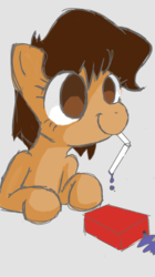 Size: 719x1280 | Tagged: safe, oc, oc only, oc:maría teresa de los ponyos paguetti, cute, female, filly, gray background, juice box, leaning, mouth hold, simple background, smiling, solo