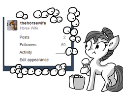 Size: 783x587 | Tagged: safe, artist:tjpones, oc, oc only, oc:brownie bun, earth pony, pony, horse wife, 69 (number), eyes, female, groceries, hoof hold, ice cream, mare, milestone, monochrome, prehibernation week, simple background, solo, spongebob squarepants, tumblr, white background