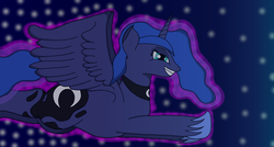 Size: 3302x1771 | Tagged: safe, artist:th3ph0b1ap0n3, princess luna, alicorn, pony, g4, anatomically incorrect, bedroom eyes, female, flying, particles, shading, solo, spread wings, the powder toy, vectorless wallpaper, wallpaper