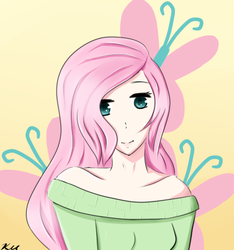 Size: 435x464 | Tagged: safe, artist:lilafields, fluttershy, human, g4, clothes, female, humanized, off shoulder, solo, sweatershy