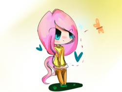 Size: 1024x768 | Tagged: safe, artist:milkyanimatorppg, fluttershy, human, g4, chibi, clothes, female, humanized, solo, sweater, sweatershy, tailed humanization