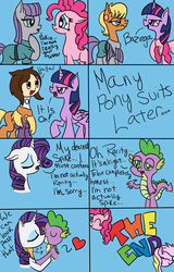 Size: 1920x3000 | Tagged: safe, artist:yourfavoritelove, applejack, fluttershy, maud pie, ms. harshwhinny, pinkie pie, rarity, spike, twilight sparkle, oc, oc:peach moon, alicorn, pony, g4, bazinga, clothes, comic, context is for the weak, costume, disguise, female, kissing, lesbian, male, mare, masking, maud suit, pinkie suit, ponysuit, rarity suit, ship:appleshy, ship:sparity, shipping, spike suit, straight, twilight sparkle (alicorn), wat