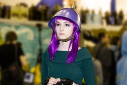 Size: 1280x853 | Tagged: safe, artist:sigmanas, boulder (g4), maud pie, human, g4, 2015, clothes, cosplay, costume, fingerless gloves, gloves, helmet, irl, irl human, photo, pickelhaube, rubronycon, russian, solo